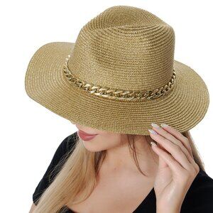 Gold Shimmering Straw Hat Fedora NWT with Chain Band
